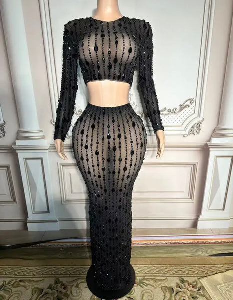 Women Sexy Black Beaded Mesh Full Sleeve Crop Two Piece Maxi Skirt Set