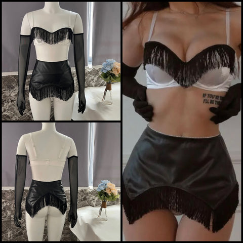 Women Sexy B&W Tassel Glove Lingerie Set