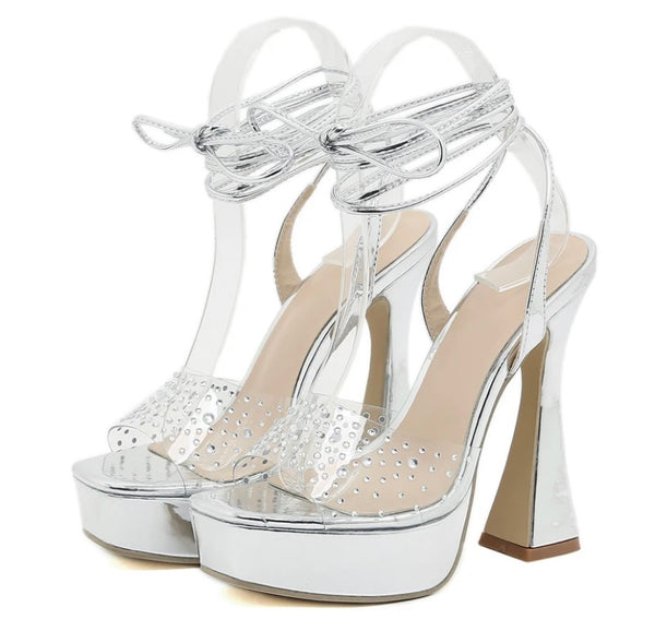 Women Fashion Bling Metallic Lace Up High Heel Sandals
