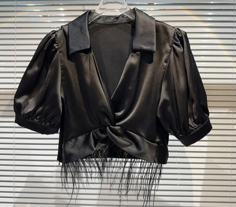 Women Short Sleeve Satin Feather Crop Top