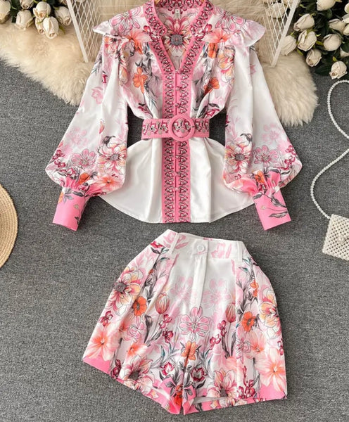 Women Button Up Full Sleeve Floral Two Piece Short Set