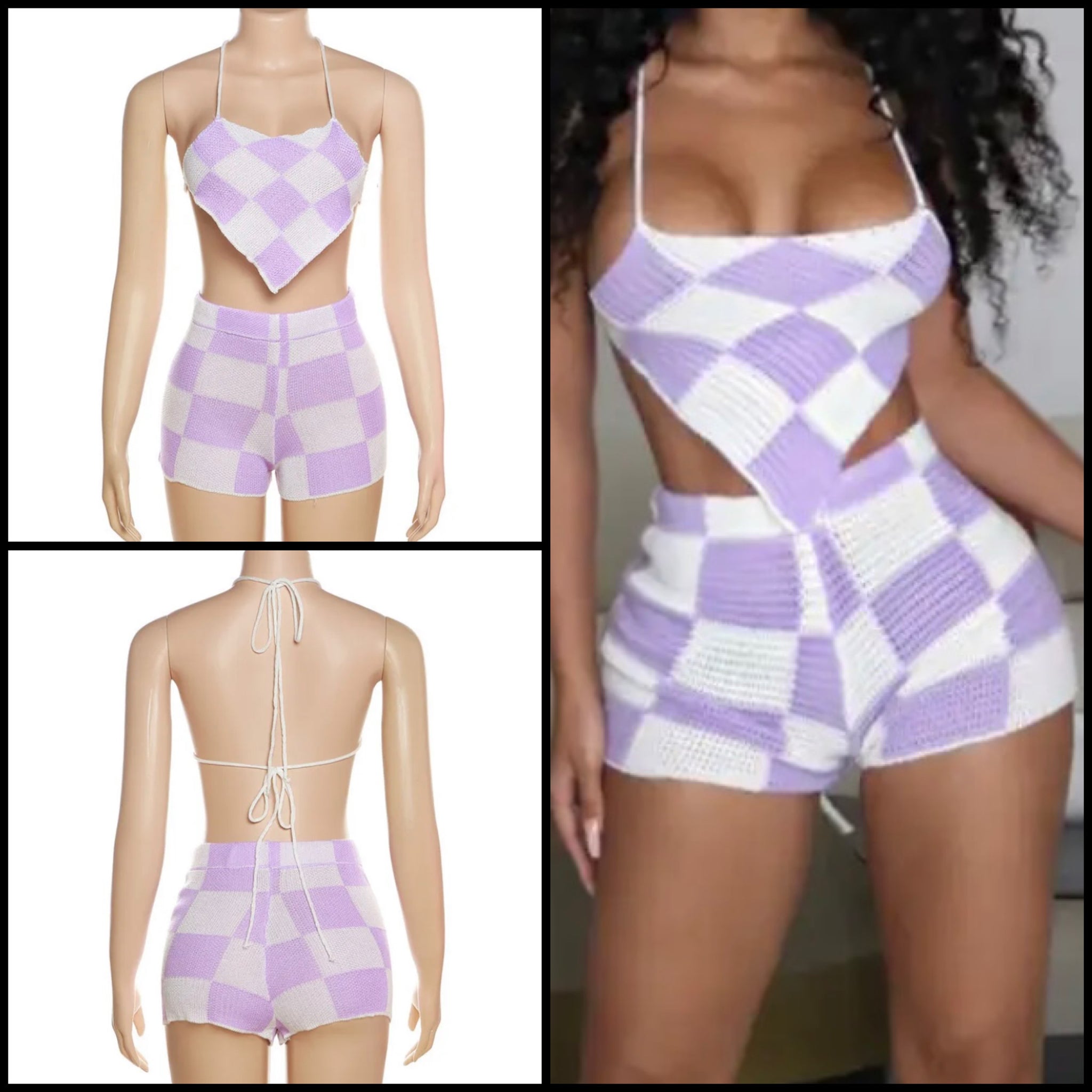 Women Sexy Open Back Halter Crop Two Piece Short Set