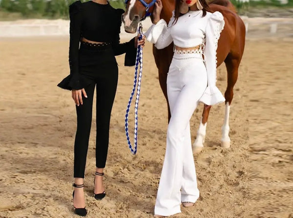 Women Sexy Full Flare Sleeve Lace Patchwork Lace Up Two Piece Pant Set