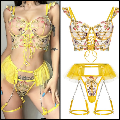 Women Yellow Floral Mesh Sexy Lingerie Set