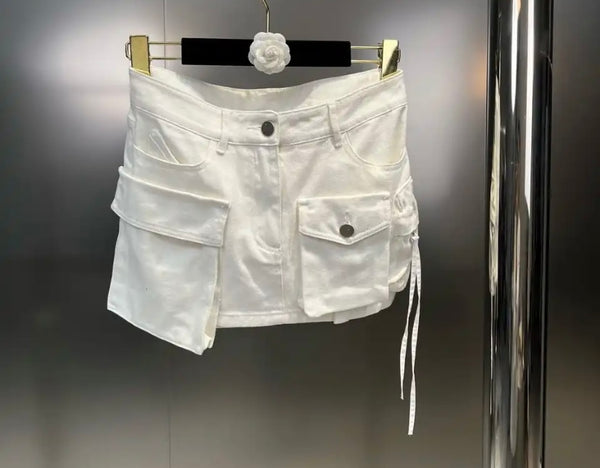 Women White Full Sleeve Belted Crop Two Piece Pocket Skirt Set