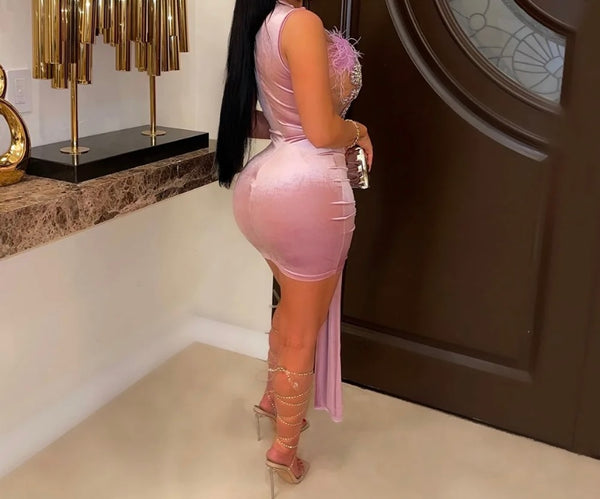 Women Sexy Sleeveless Velour Feather Bling Mesh Patchwork Dress