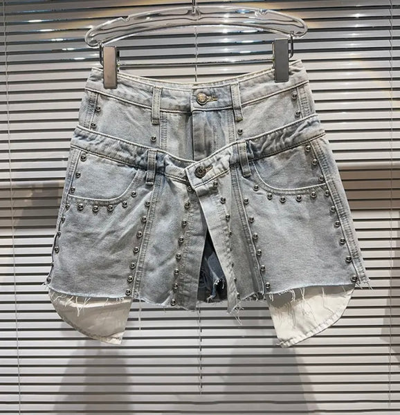 Women Rivet Button Up Fashion Denim Skirt