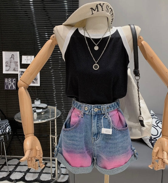 Women Fashion Pink Patchwork Denim Shorts