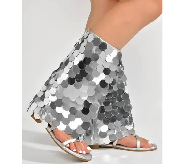 Women Fashion Flat Sequins Mid-Calf Boots