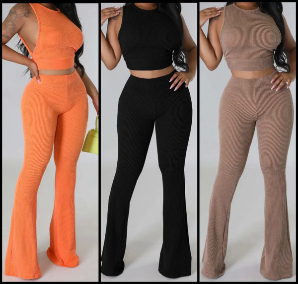 Women Ribbed Sleeveless Solid Color Sexy Two Piece Pant Set