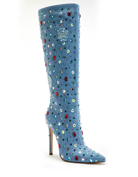 Women Pointed Toe Colorful Crystal Ripped Denim Boots