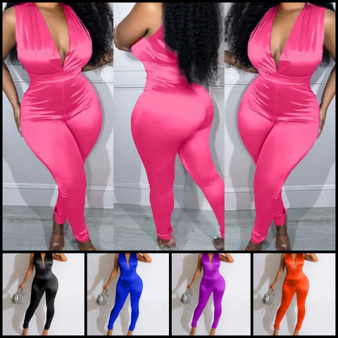 Women Sexy Sleeveless Satin Solid Color Jumpsuit