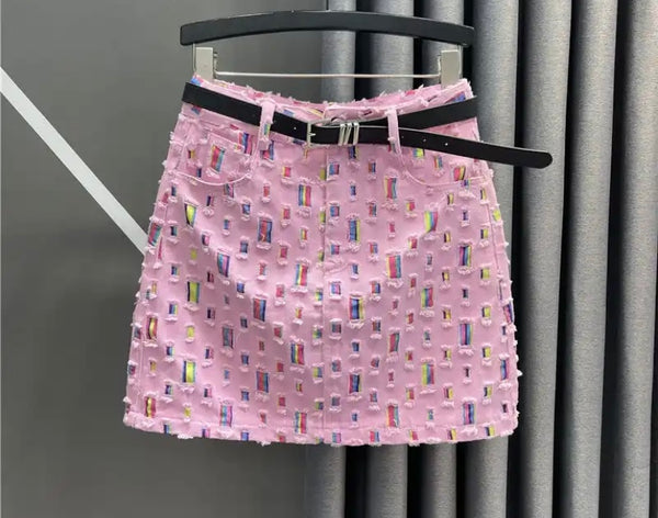 Women Ripped Fashion Pink Denim Skirt