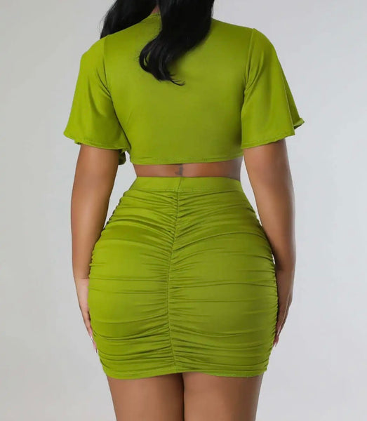 Women Ruche Sexy Short Sleeve Crop Two Piece Skirt Set
