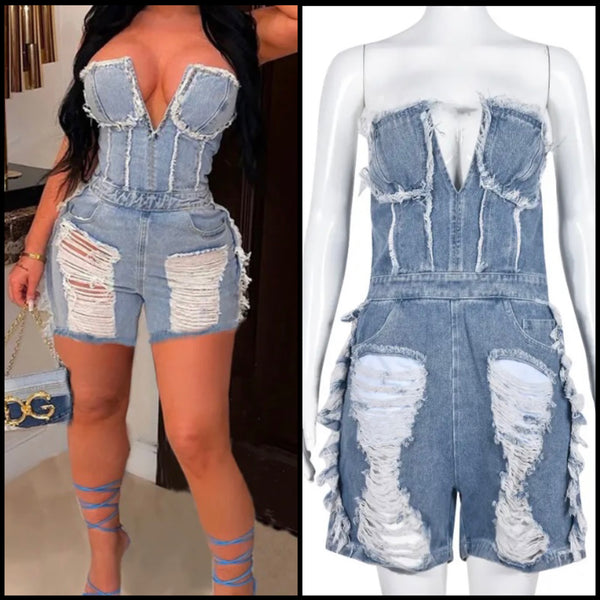 Women Sexy Strapless Ripped Denim Romper