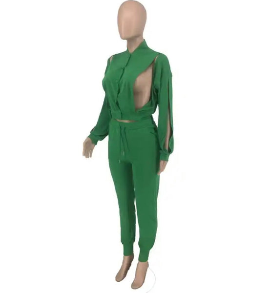 Women Fashion Green Cut Out Two Piece Tracksuit Pant Set