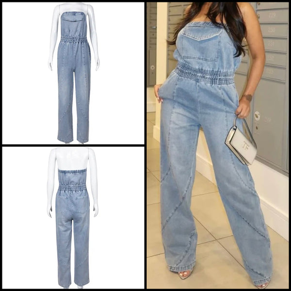 Women Sexy Strapless Pocket Denim Jumpsuit