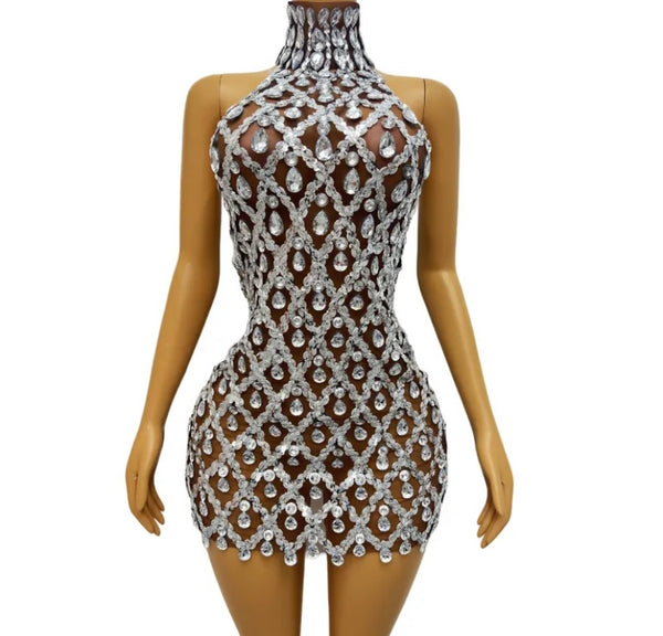 Women Sexy Sleeveless Beaded Crystal Dress