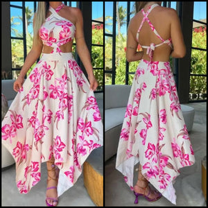 Women Sleeveless Open Back Pink Floral White Maxi Dress