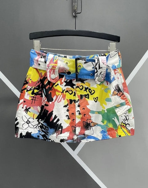 Women Multicolored Print Fashion Denim Skirt