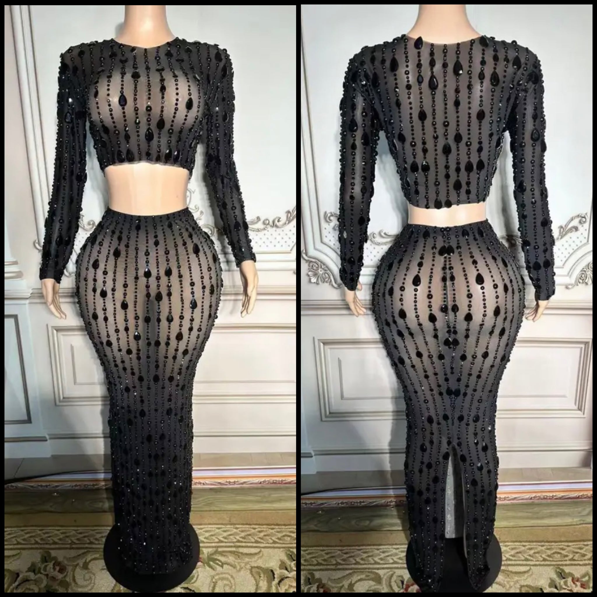 Women Sexy Black Beaded Mesh Full Sleeve Crop Two Piece Maxi Skirt Set