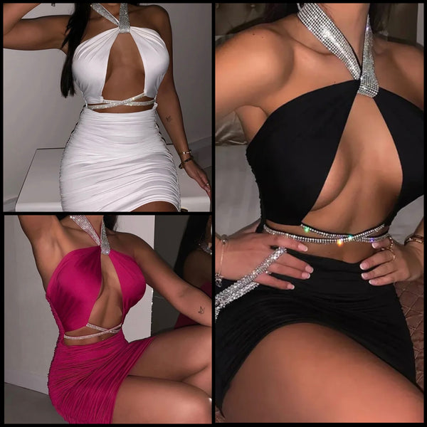 Women Sexy Sleeveless Bling Halter Hollow Out Dress