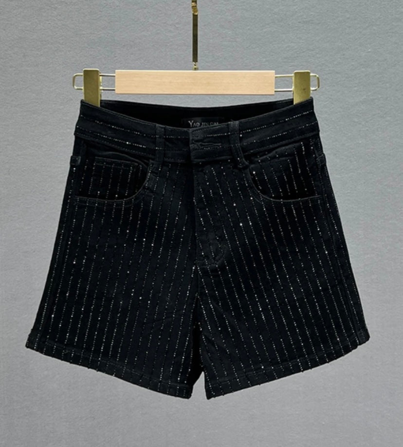 Women Fashion Denim Rhinestone Patchwork Shorts