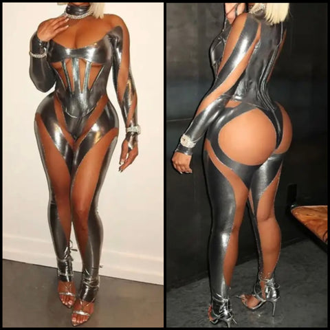 Women Sexy Silver PU Mesh Patchwork Full Sleeve Jumpsuit