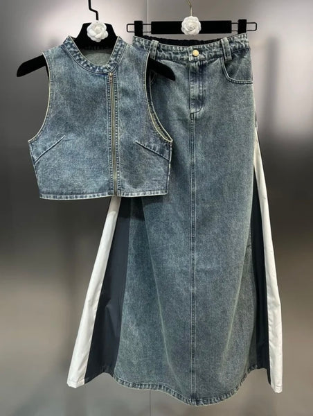 Women Sleeveless Fashion Color Patchwork Denim Maxi Skirt Set