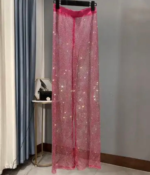 Women Fashion Rhinestone Mesh Pants