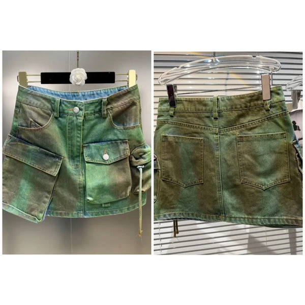Women Pocket Tie Dye Fashion Denim Skirt