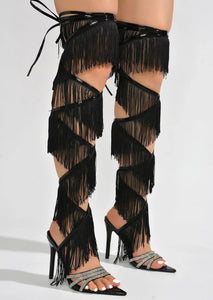 Women Rhinestone Open Toe Tassel Lace Up Sandals