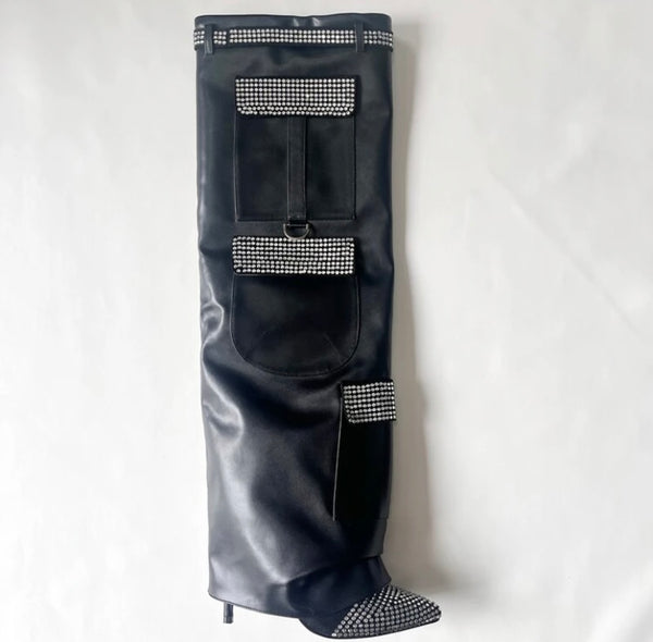 Women Bling High Heel Pocket Knee High Boots