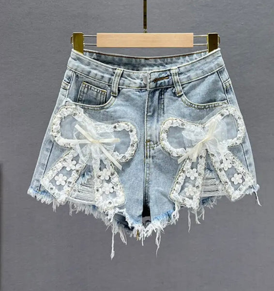 Women Mesh Bow Fashion Denim Shorts