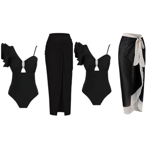 Women Ruffled Shoulder Sexy Black Swimsuit Cover Up Set