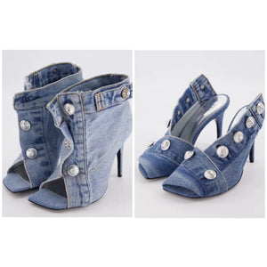 Women Fashion Button Denim High Heel Shoes
