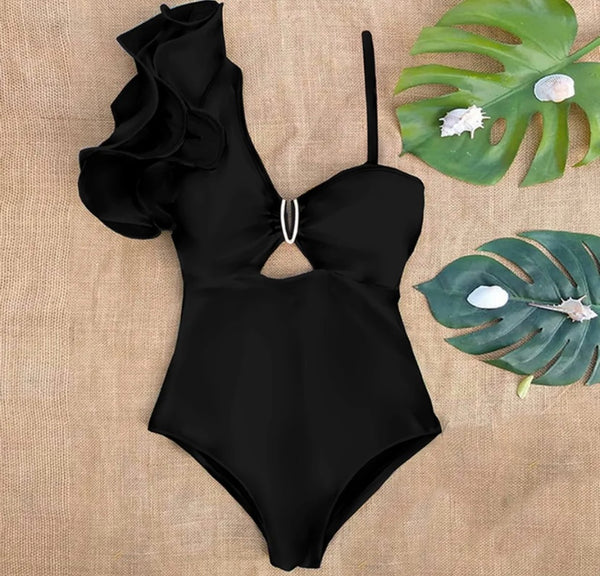 Women Ruffled Shoulder Sexy Black Swimsuit Cover Up Set