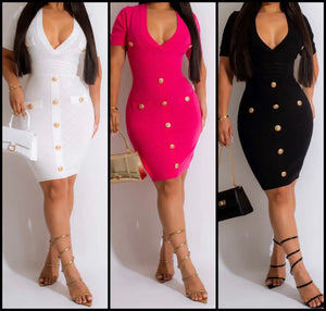 Women Sexy V-Neck Gold Button Short Sleeve Dress