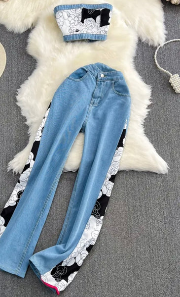 Women Strapless Denim Fashion Floral Patchwork Two Piece Pant Set