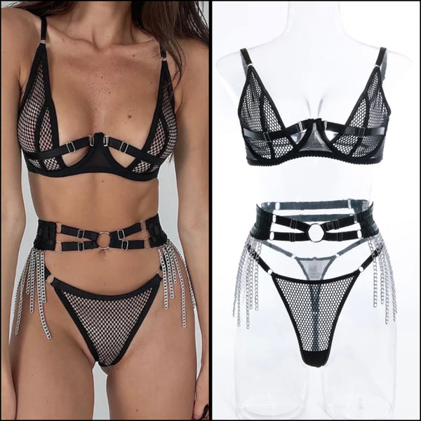 Women Sexy Black Mesh Chain Lingerie Set