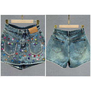 Women Fashion Rivet Gem Denim Wrap Shorts