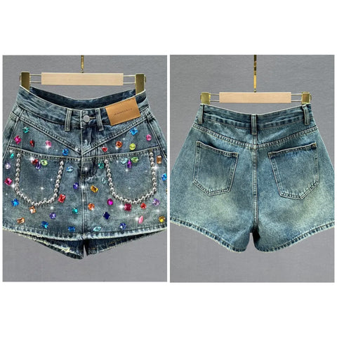 Women Fashion Rivet Gem Denim Wrap Shorts