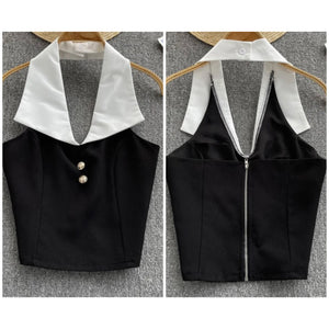 Women Fashion Collar B&W Halter Crop Top