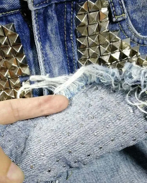 Women Rivet Fashion Ripped Denim Mini Shorts