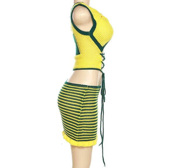 Women Sexy Sleeveless Color Patchwork Knitted Two Piece Skirt Set