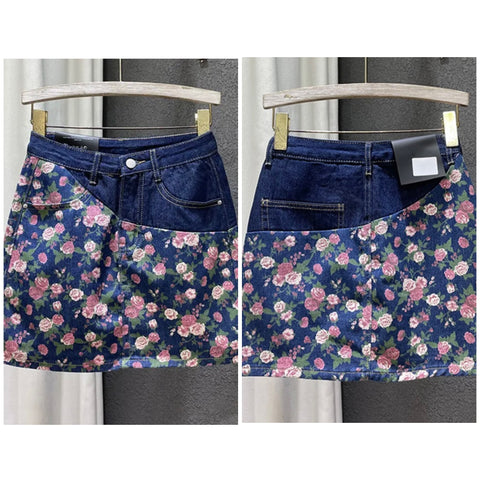 Women Floral Fashion Denim Skirt