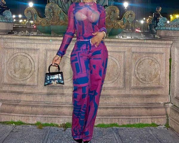 Women Color Patchwork Printed Full Sleeve Mesh Two Piece Pant Set