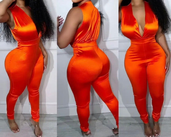 Women Sexy Sleeveless Satin Solid Color Jumpsuit