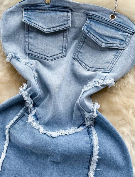 Women Sexy Chain Halter Denim Dress
