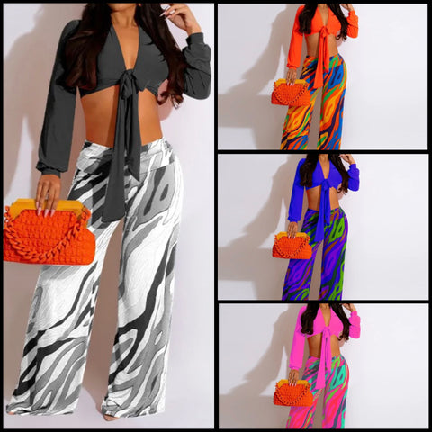 Women Full Sleeve Crop Two Piece Printed Pant Set